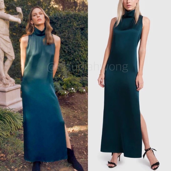 GWYN Nneoma Turtleneck Satin Maxi Dress in Marine Green